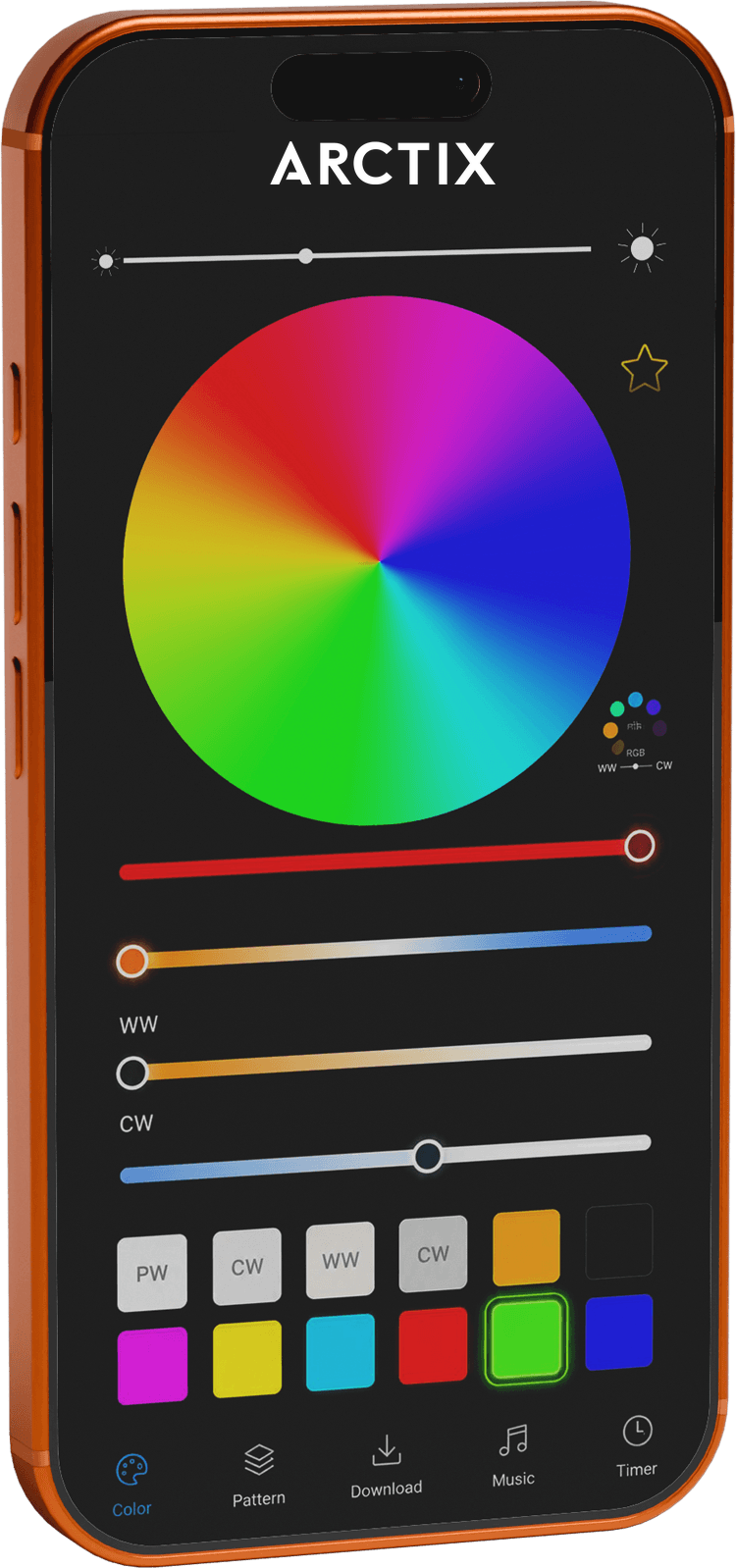 The Arctix lighting app showing a colour wheel, brightness slider, dedicated warm-white and cool-white sliders, and preset colour swatches.
