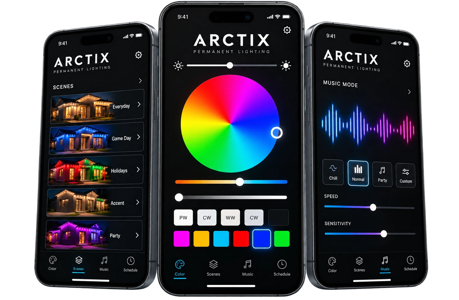 The Arctix app on three phones: scenes for everyday, game day, holidays and parties; a colour wheel with warm-white and cool-white sliders; and music mode.