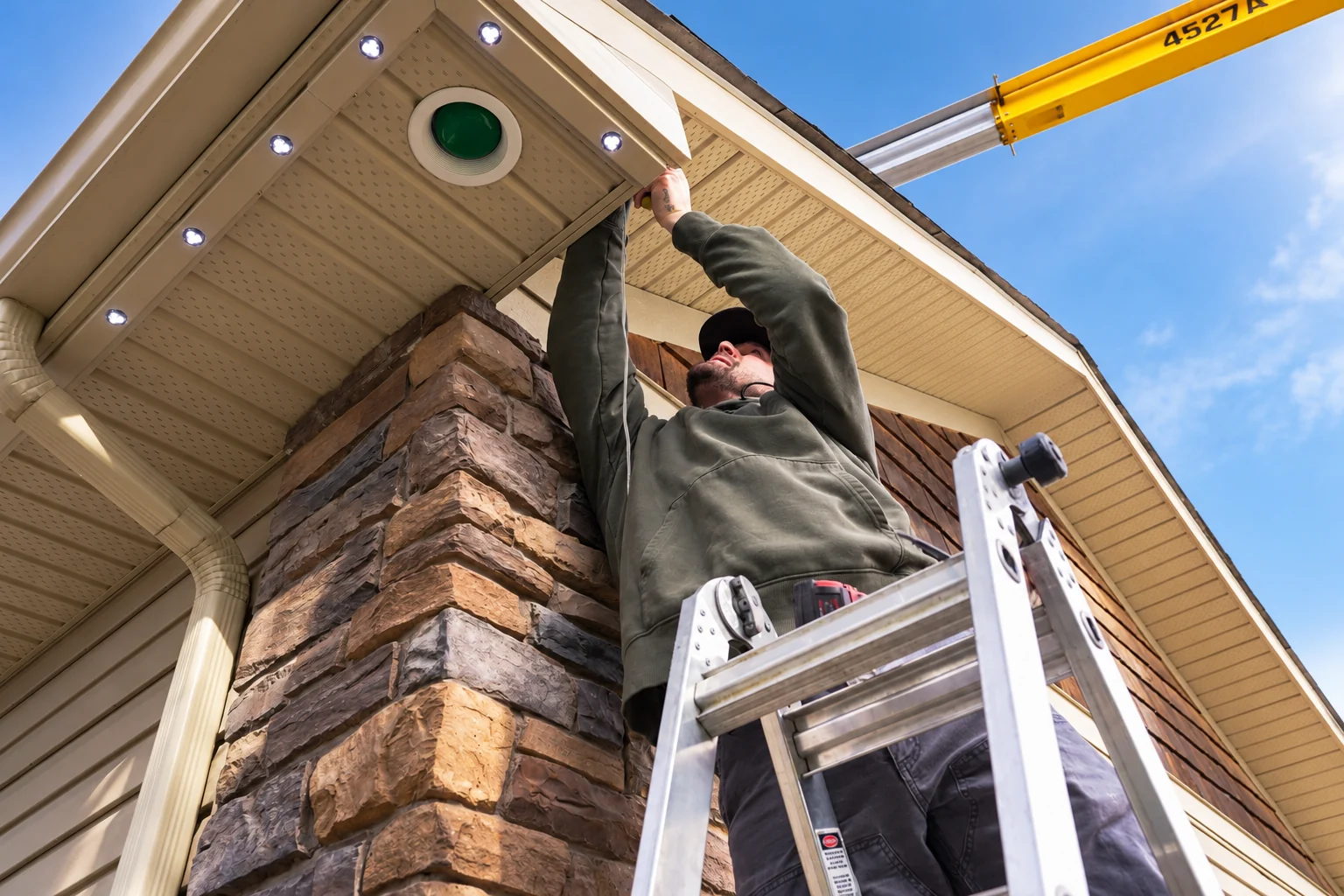 An Arctix installer on a ladder fitting lighting track under a soffit, emitters already set along the eave, a lift boom overhead.